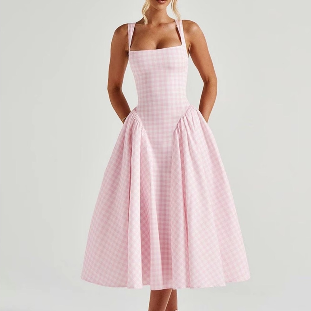 Pink Gingham Women's Midi Aline Dress